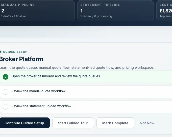 Valtura broker platform queue view showing quote records and savings tags.