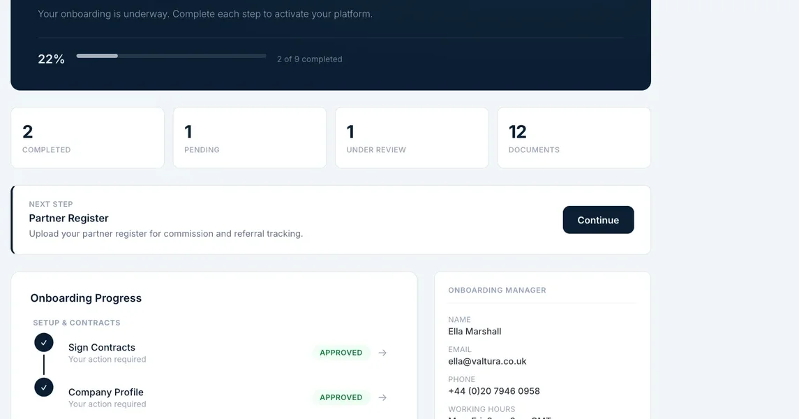 Valtura onboarding dashboard showing progress, next step, and onboarding manager details.